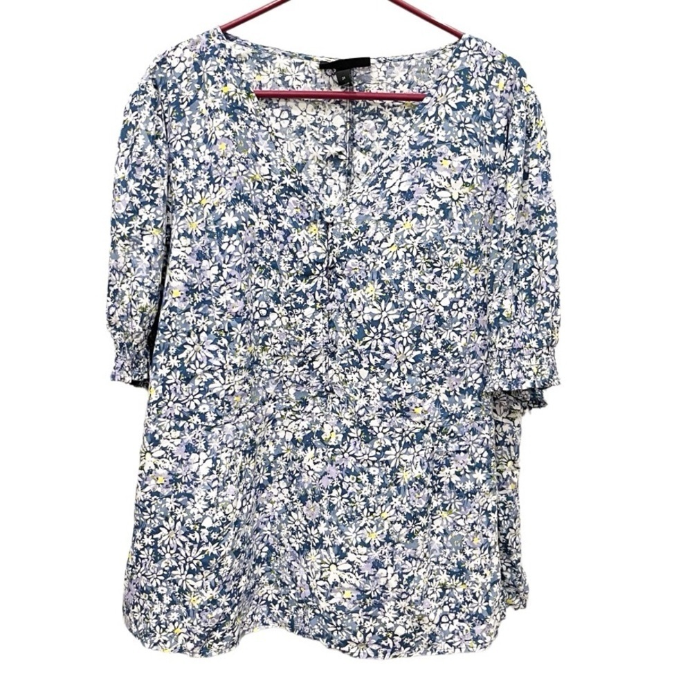 Lane Bryant Top Women's 24 Ditsy Floral Blue & White Button‎ Puff Sleeve NWT